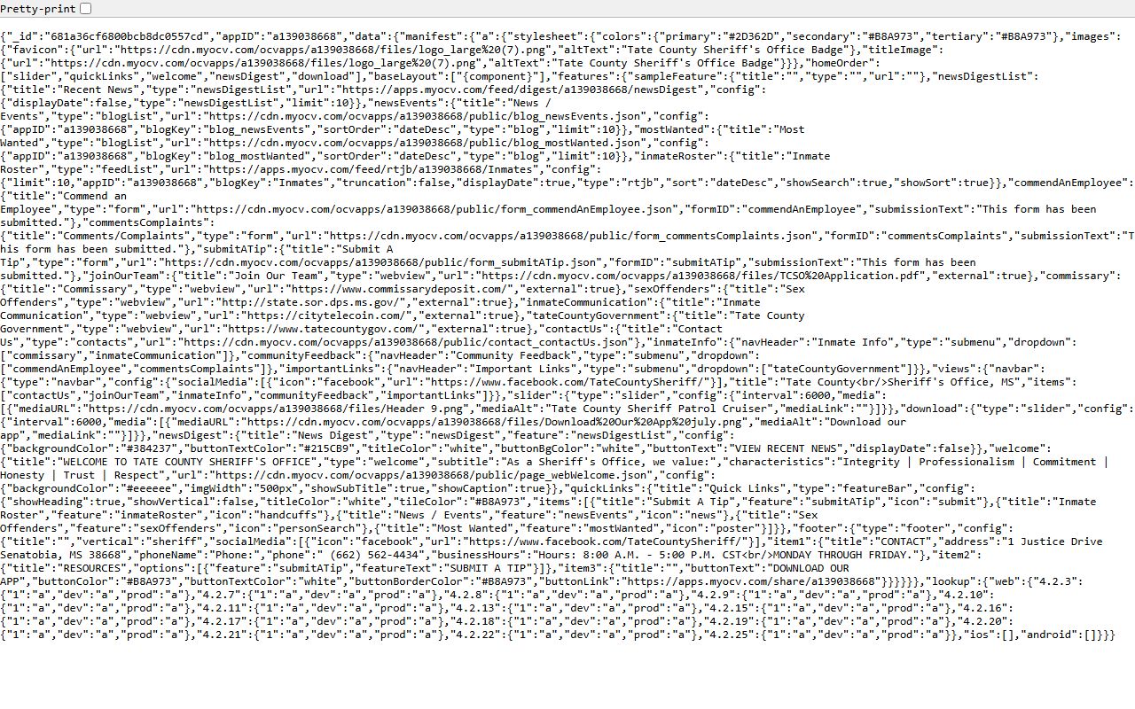 Tate County arrest records shown through the sheriff app web manifest