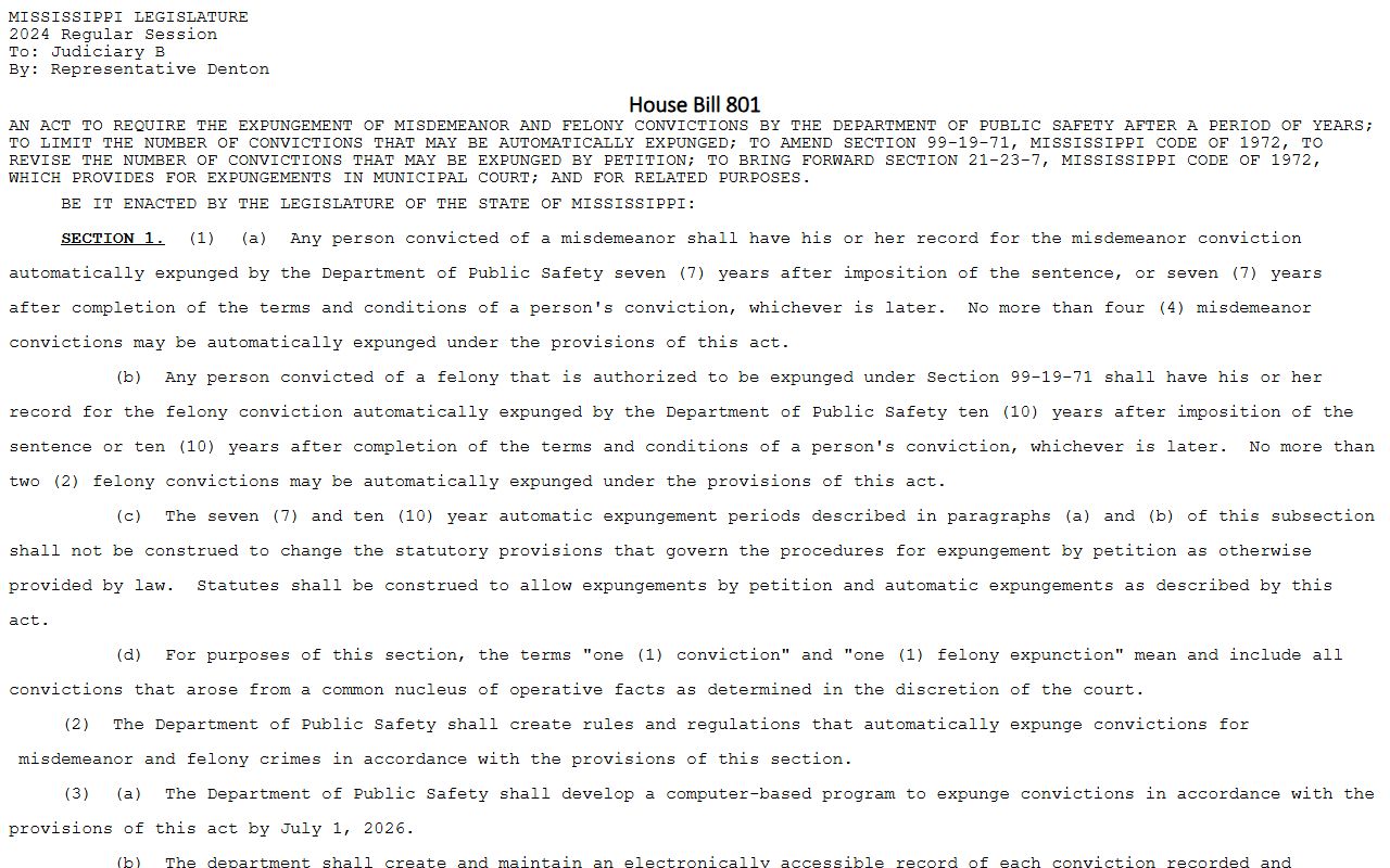 Tate County court dockets expungement law text under Mississippi Section 99-19-71