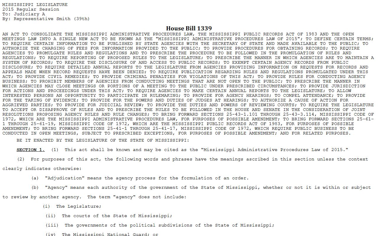 Tate County court dockets public records law text under Mississippi Section 25-61-1