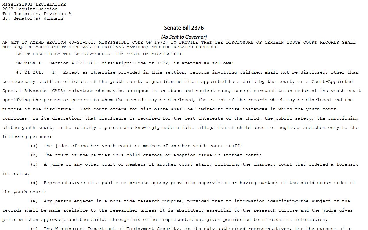 Tate County court dockets youth-court confidentiality statute Section 43-21-261