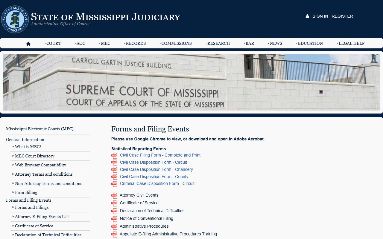 Tate County court records Mississippi MEC civil filing and disposition forms page