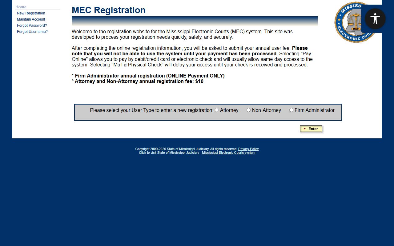 Tate County court records PAMEC registration page for Mississippi Electronic Courts