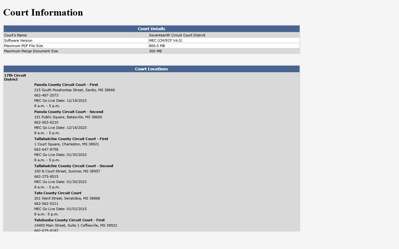 Tate County court records Seventeenth Circuit District MEC court information page