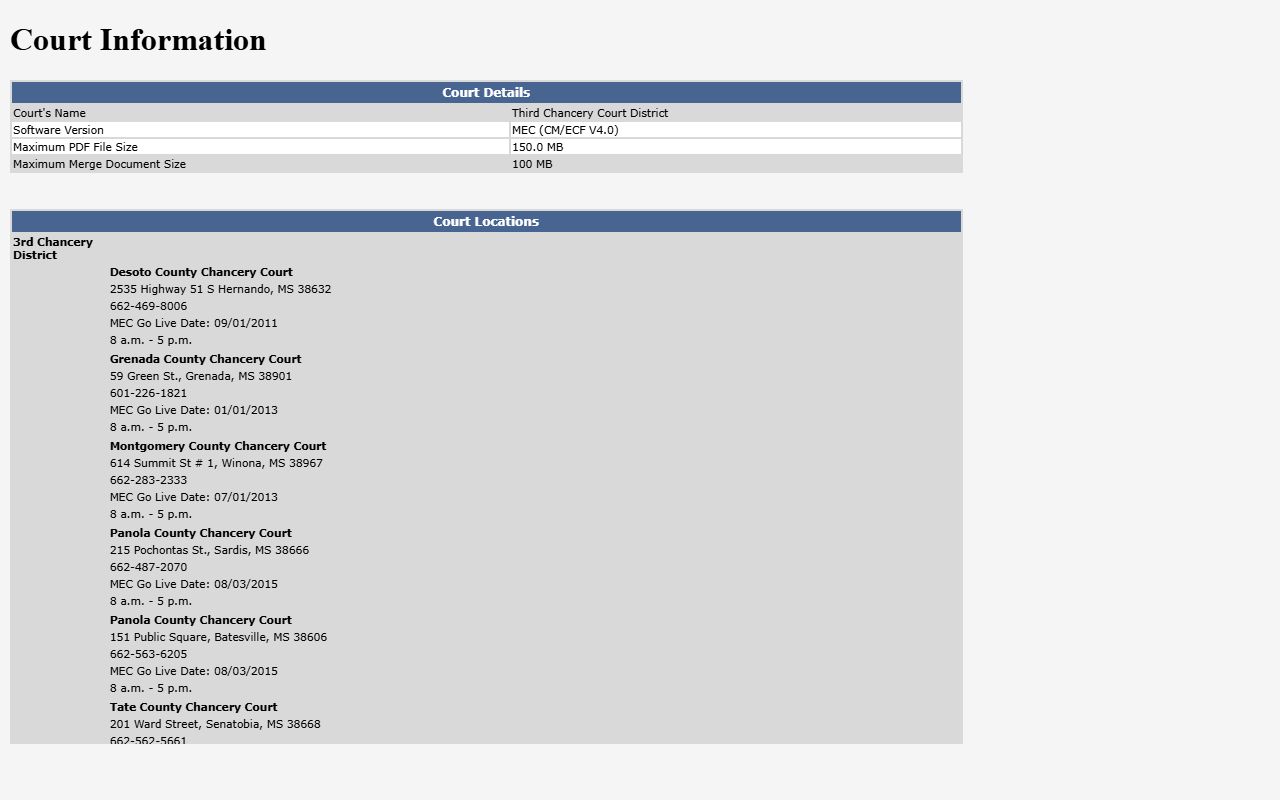 Tate County court records Third Chancery District MEC court information page
