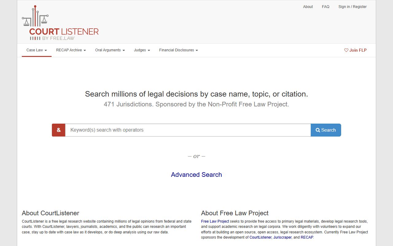 CourtListener legal research tool used alongside Tate County Circuit Court records