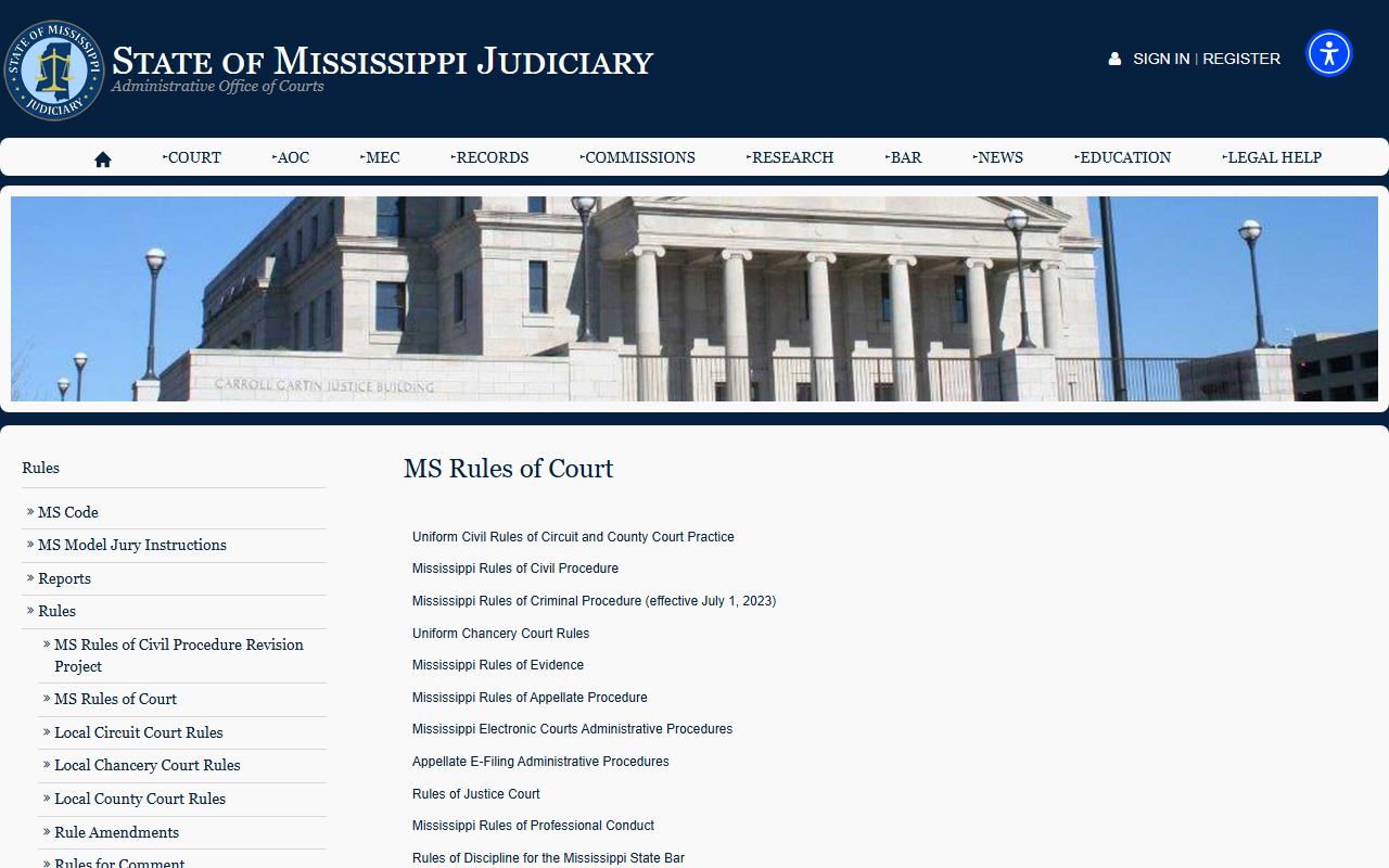 Tate County court records rules on the Mississippi Judiciary court rules page