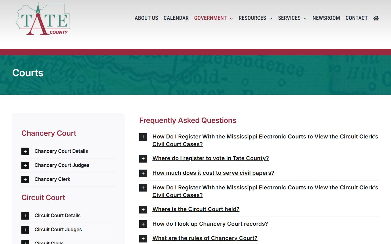 Tate County court records and judicial system on the county courts page