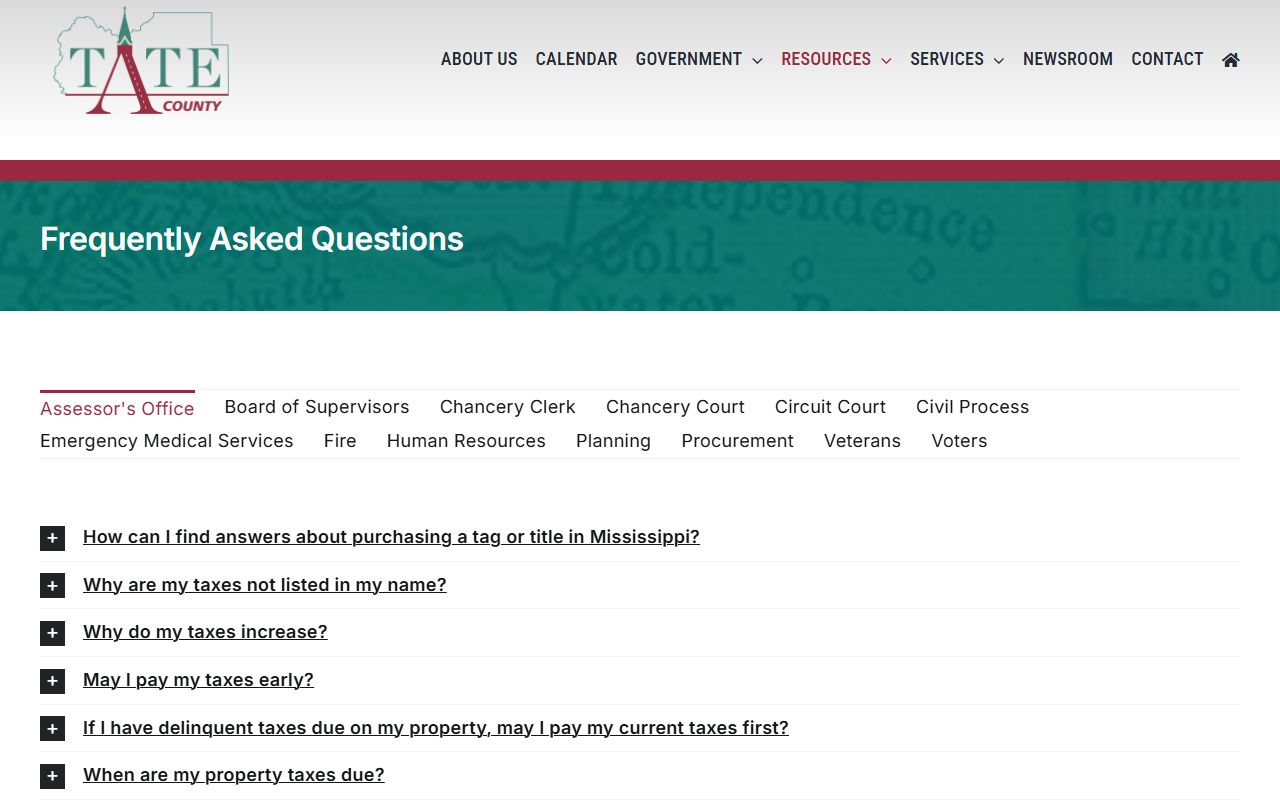 Tate County court records fees listed on the county FAQ page