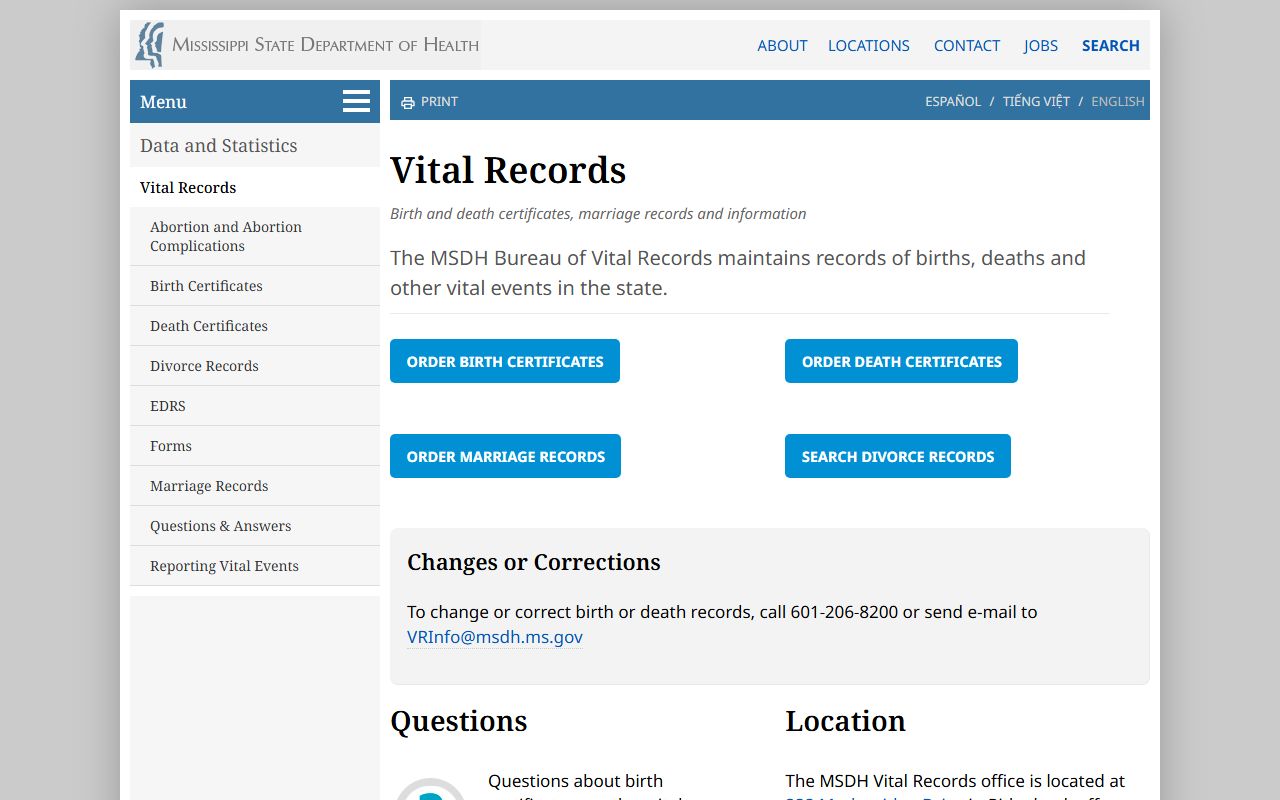 Tate County marriage and divorce records on the Mississippi Vital Records page