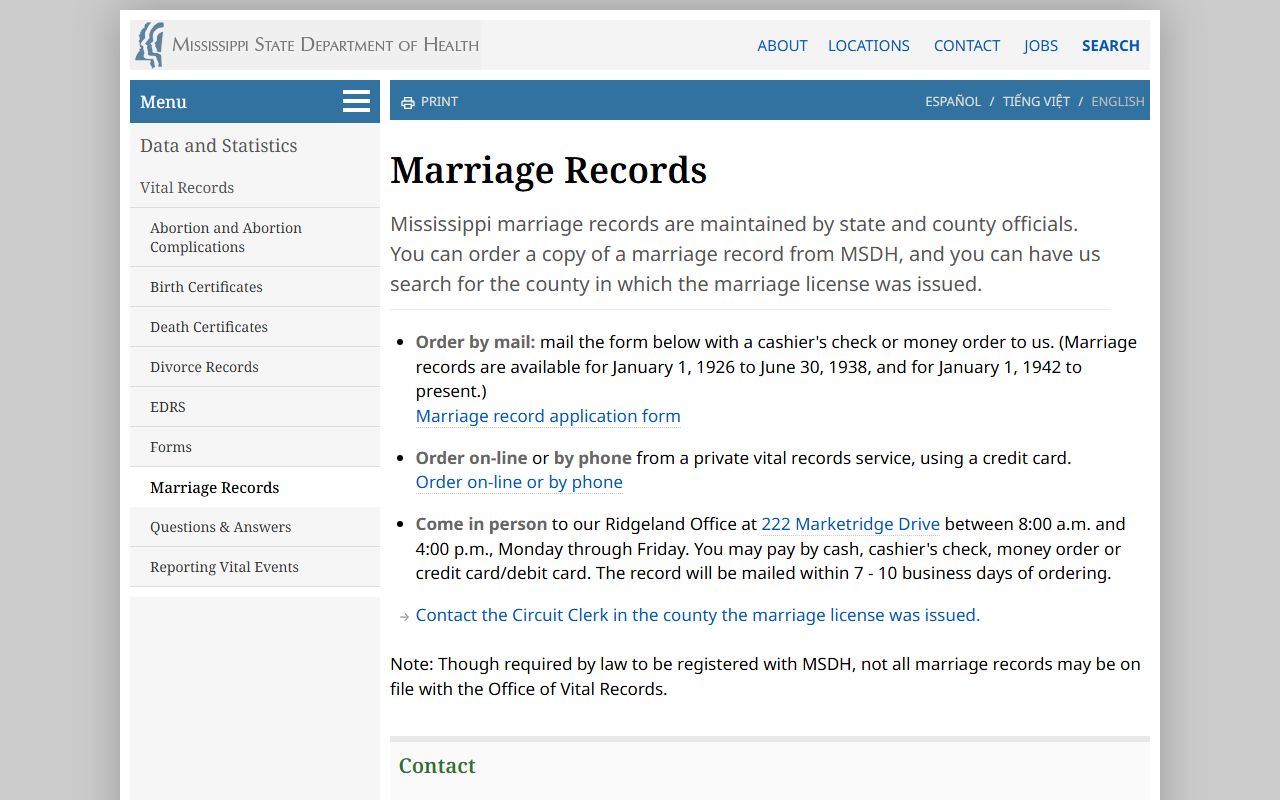 Tate County marriage records search on the MSDH marriage records page