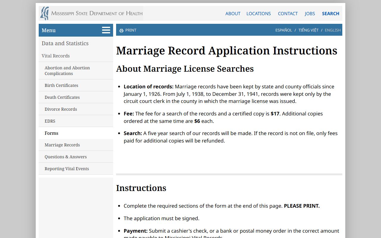 Tate County marriage record application instructions from MSDH