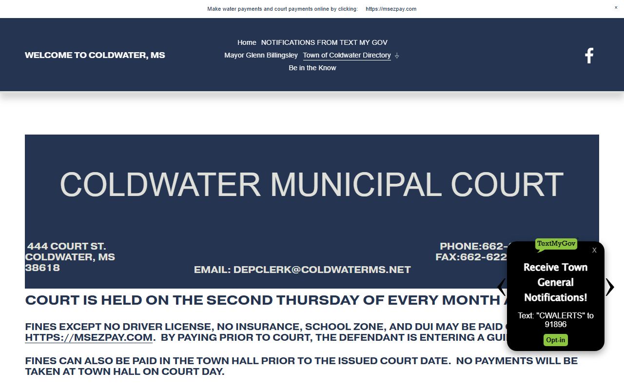 Tate County traffic payment notice on the Coldwater Municipal Court page