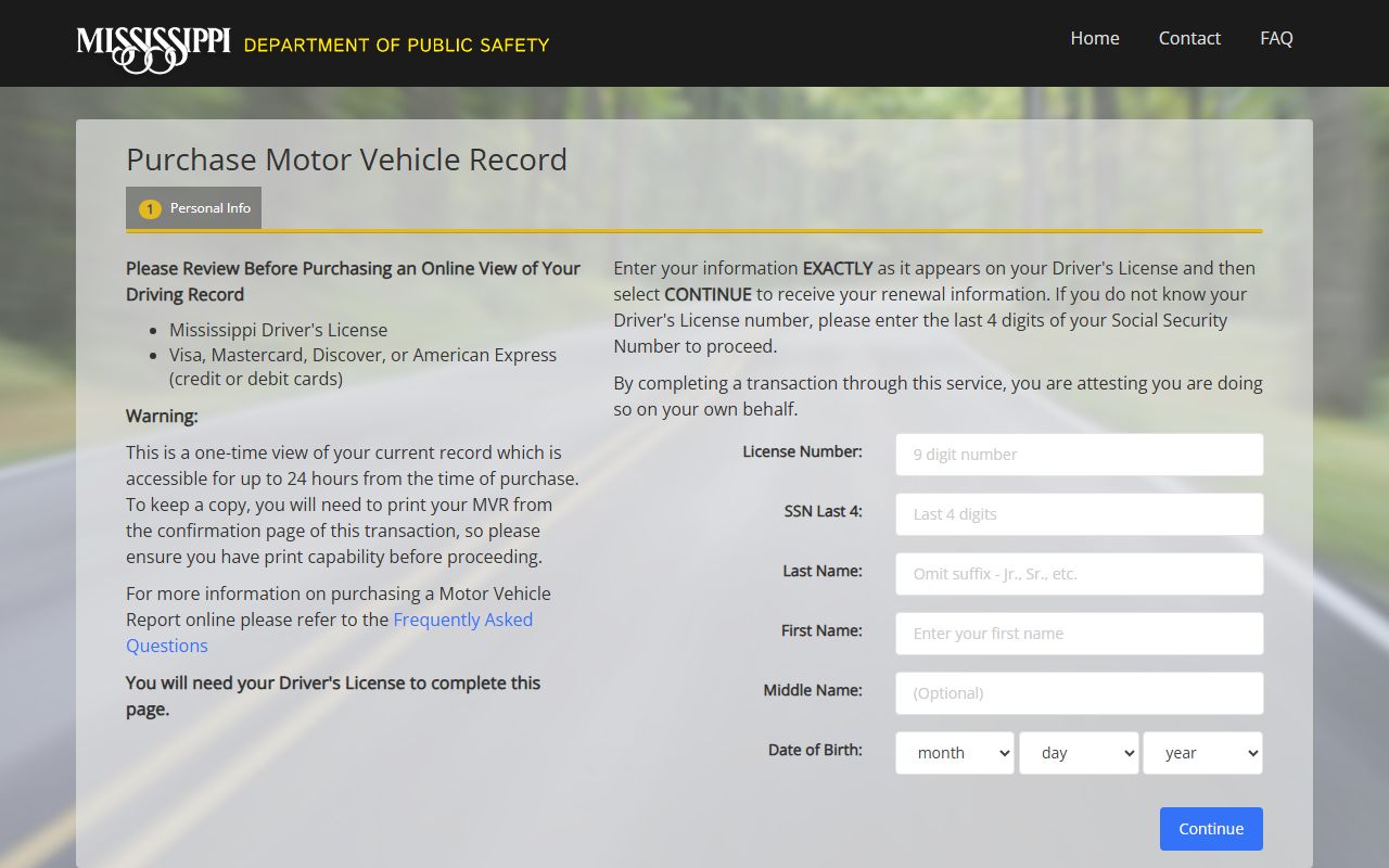 Tate County traffic driving record purchase on the Mississippi MVR portal