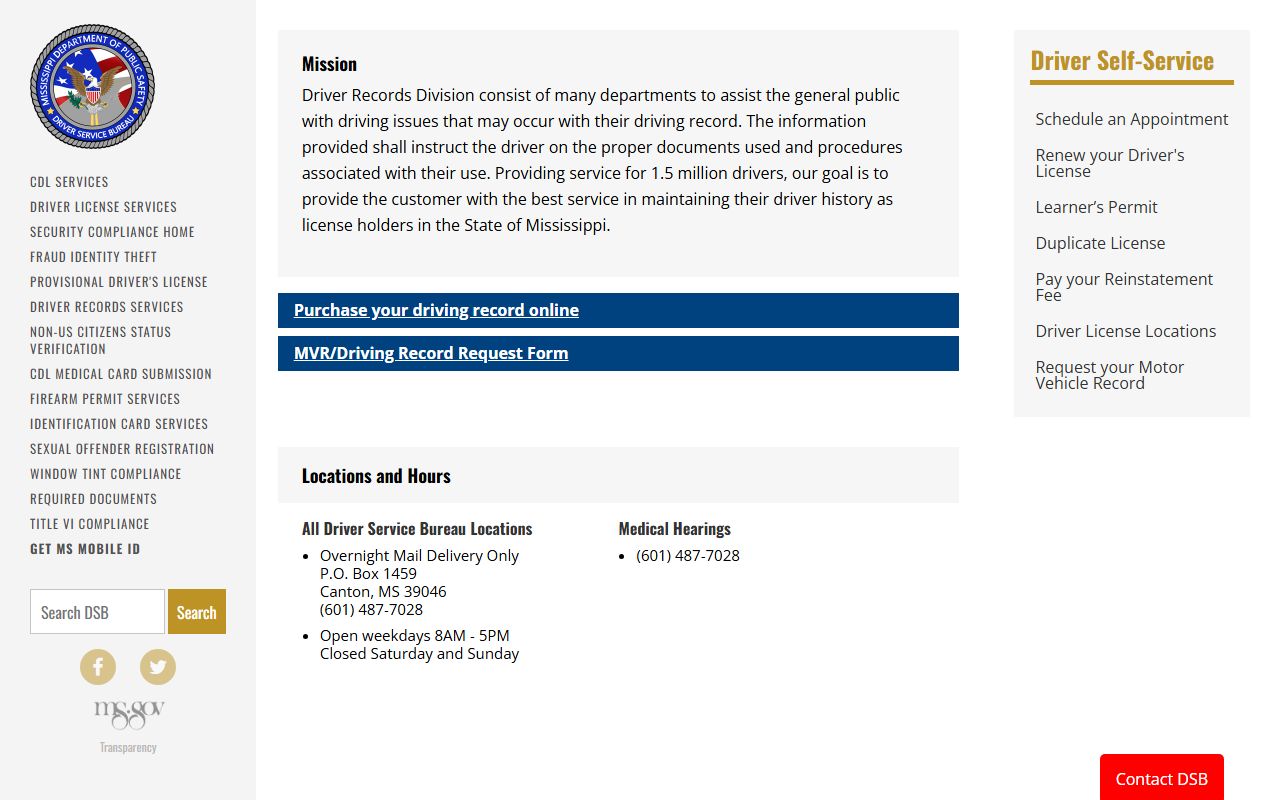 Tate County traffic driver history from the Mississippi DPS Driver Records page