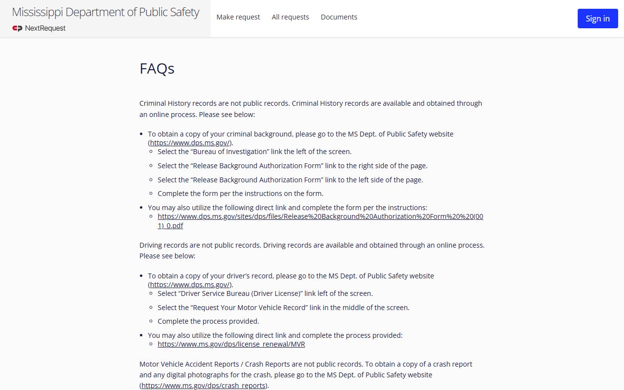 Tate County traffic record access explained in the Mississippi DPS public-record FAQ