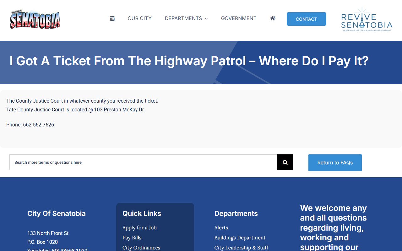 Tate County traffic ticket guidance from the Senatobia Highway Patrol FAQ
